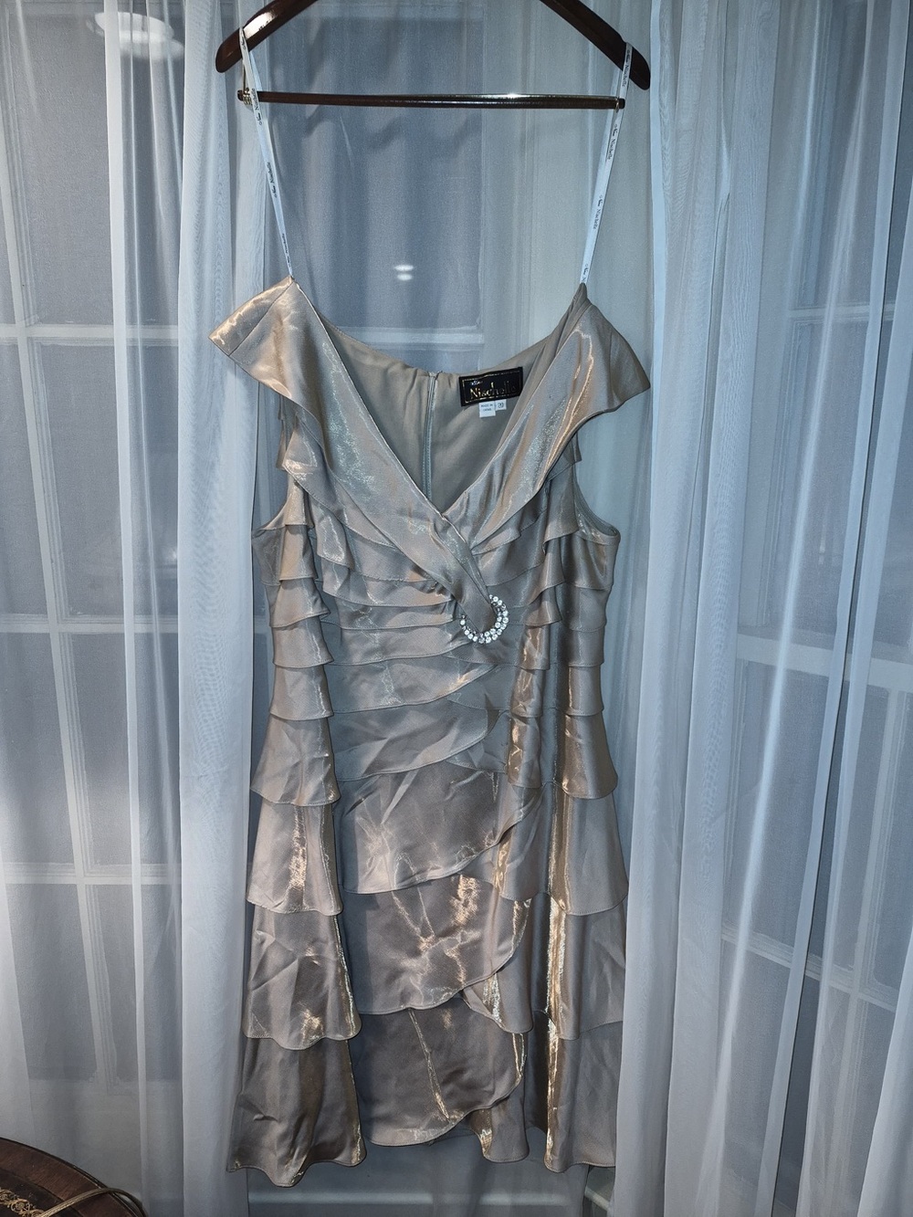 Metallic Taupe Ruffle Tiered Prom Dress with Rhinestone Accent